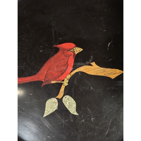 Couroc of Monterey Red Cardinal Bird on Branch Round Black Tray Platter 10½" GUC - Picture 8 of 11
